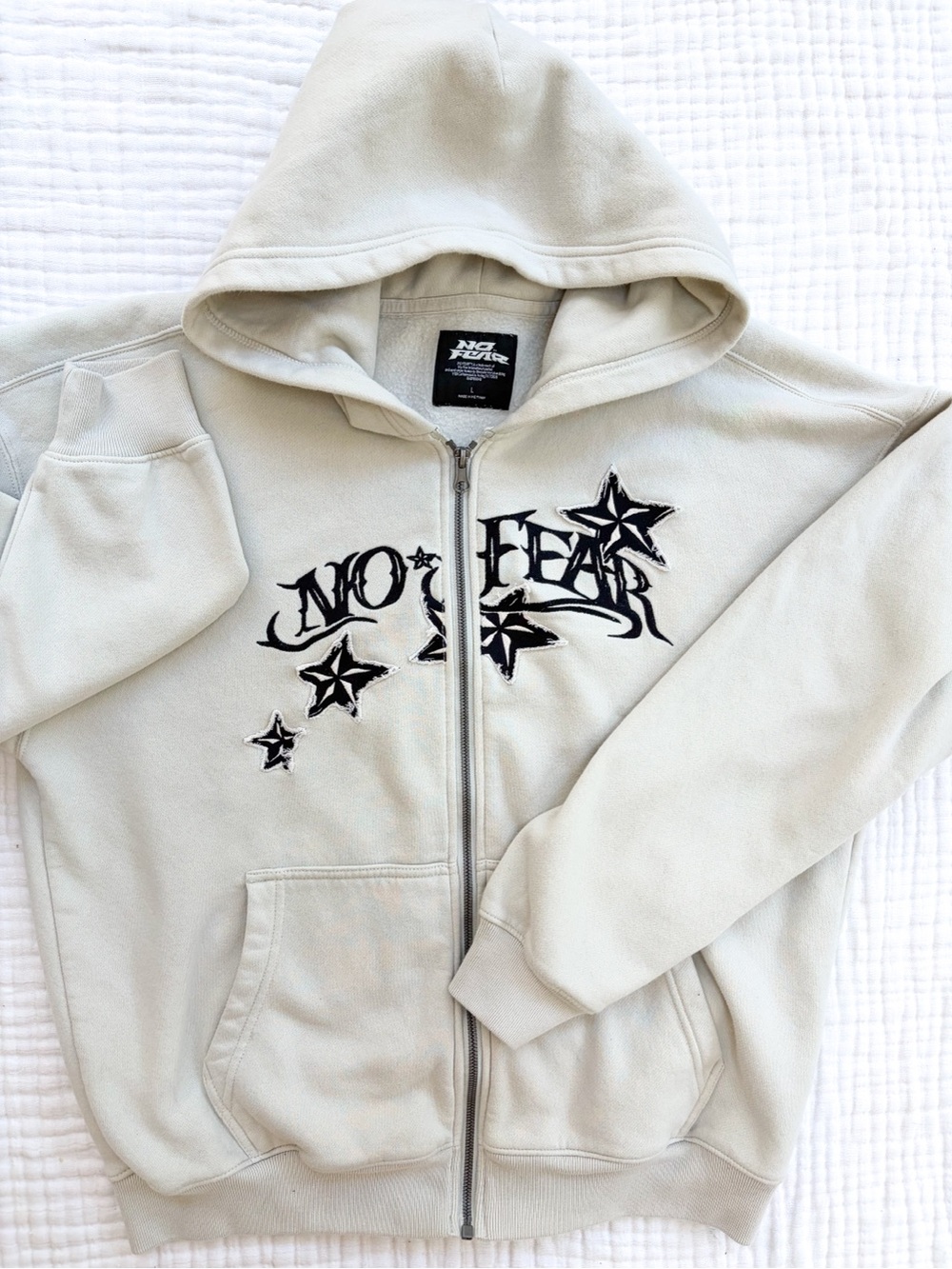 No Fear Hollister Zip Hoodie Cream Y2K Star Embroidered Baggy